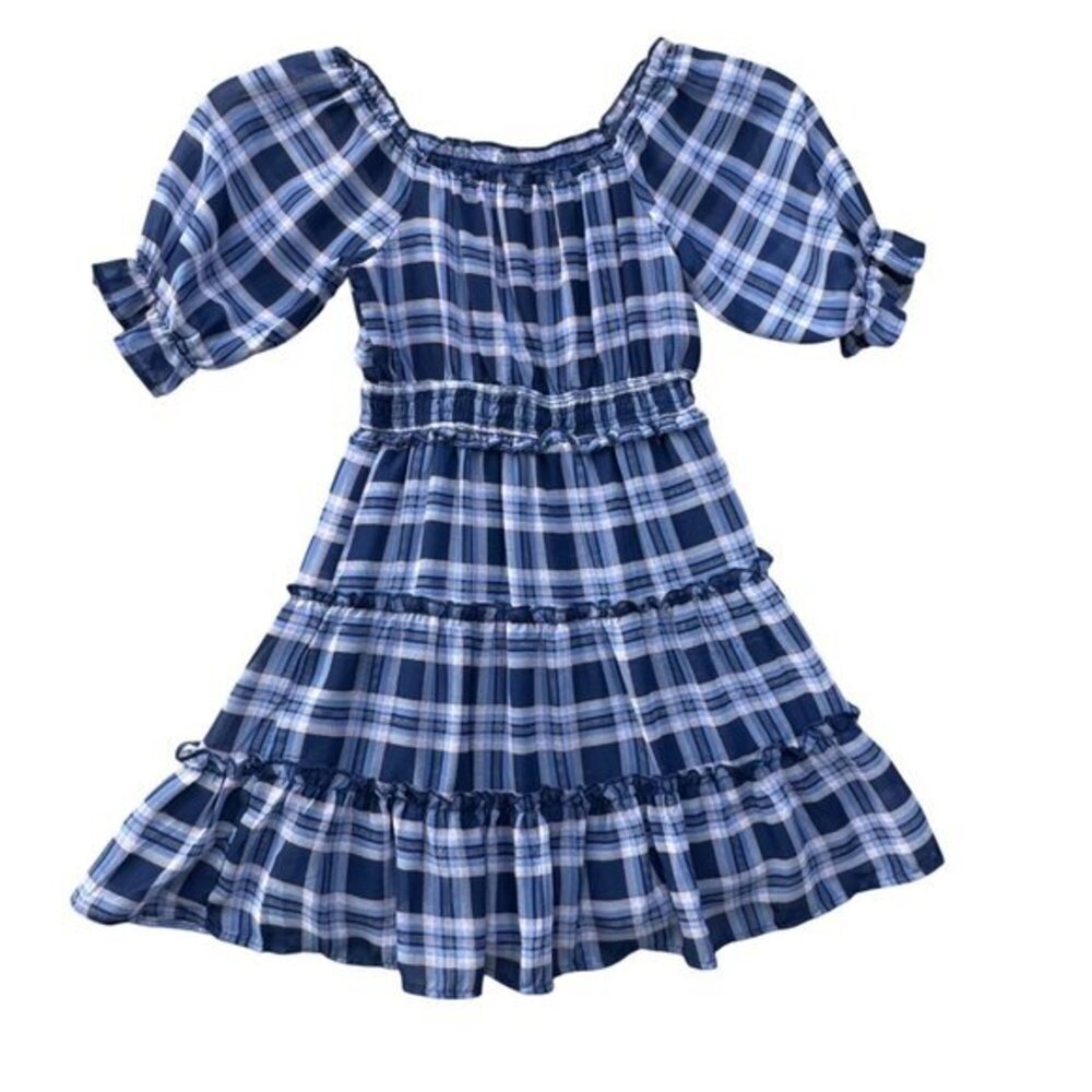 Three Pink Heart Navy Plaid Ruffled Dress With Puff Sleeves Elastic Waist small